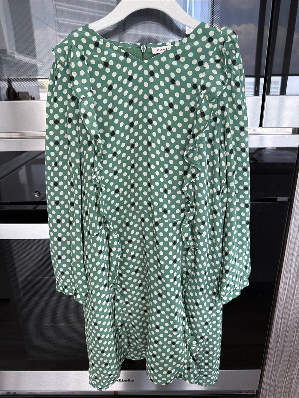 Caramel Green and White Polka Dot Ruffle Dress
